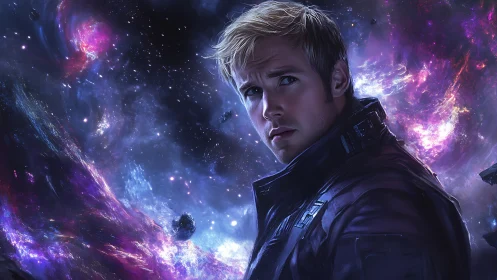 Starlit drifter pauses in a swirling violet nebula storm.