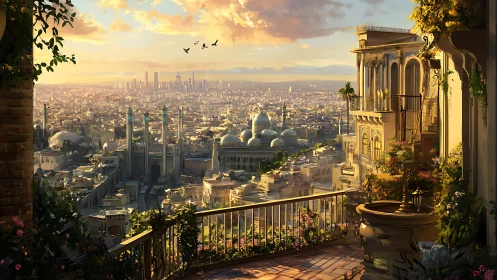 Sunlit balcony overlooking sprawling domed desert cityscape