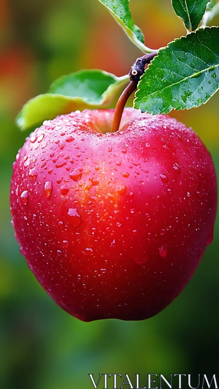 Red apple macro with dew drops against soft bokeh background.