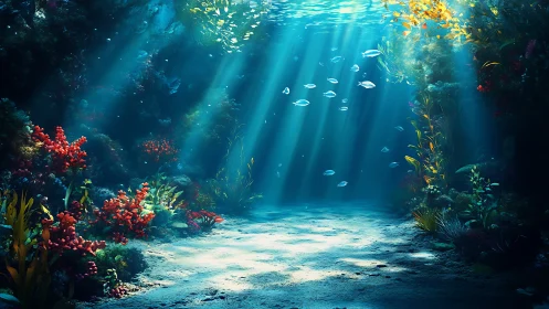 Sunlit coral reef corridor shows fish swimming through beams