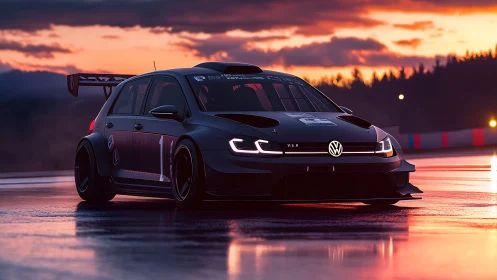 Track-ready Volkswagen race car rendered in cinematic sunset lighting