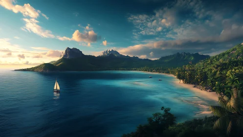 Sailboat glides along a tranquil tropical bay at golden hour