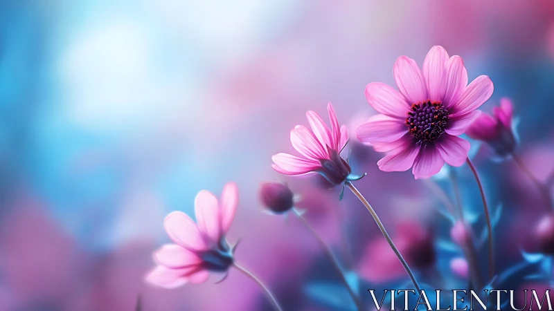 Pink Daisies Dancing Through Dreamy Blue and Magenta Haze
