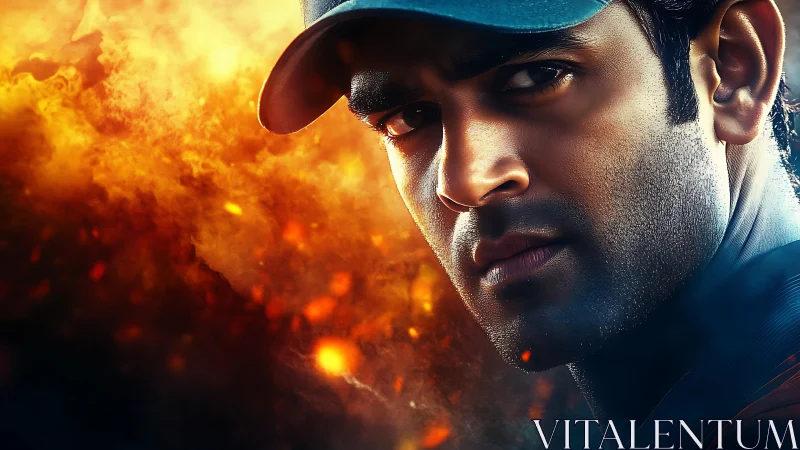 Intense male portrait against cinematic fiery background.