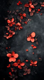 Red Geranium Petals Scattered Across Textured Black Surface.