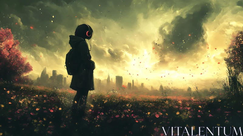 Solitary hooded figure facing illuminated urban skyline.