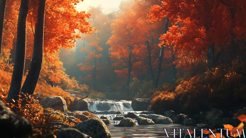 Autumnal Forest Stream With Backlighting and Cascading Water Flow.