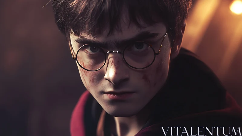 Determined young wizard stares ahead with quiet courage