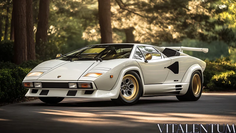 Photorealistic white supercar in sunlit woodland setting.