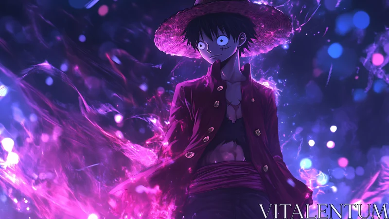 Straw-hatted warrior glows in swirling violet night energy