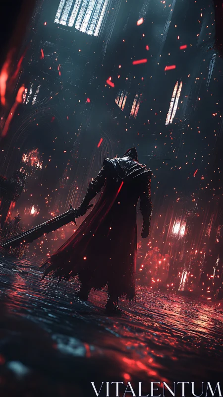 Lone bladebearer in emberlit cathedral of crimson ruin.