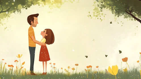 Young couple holding hands in sunlit garden with flowering meadow