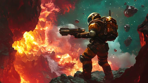 Lone space explorer bravely surveys a blazing alien horizon