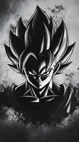 High-contrast anime portrait with ink-splatter monochrome rendering.