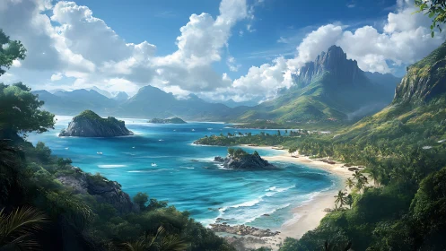 Tropical Island Paradise with Mountains and Turquoise Waters.