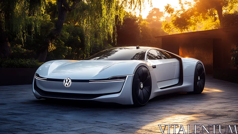 Sleek white concept car glowing in soft golden sunset light.