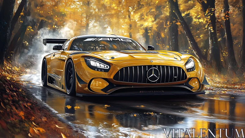 Yellow Mercedes AMG race car on wet autumn forest road.