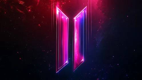 Neon geometric portal shape on dark cosmic gradient background.