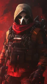 Hooded skull-masked soldier in ember-lit tactical armor.