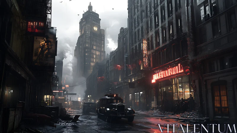 Noir city street sinks into rain-soaked neon and looming tower