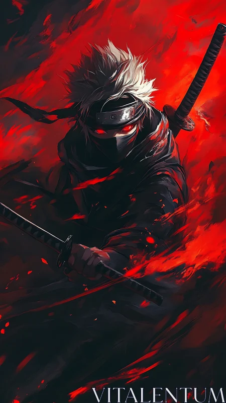 Masked swordsman holds dual katanas in red fiery motion
