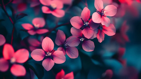 Pink Blossoms Against Teal: Macro Floral Depth Study.