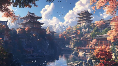 Tiered Japanese temples overlook reflective river valley