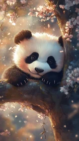 Dreamy panda cub resting in glowing cherry blossoms.