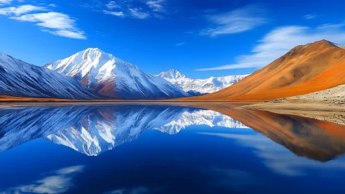 Symmetric alpine lake reflection reveals high-contrast snowy ridges