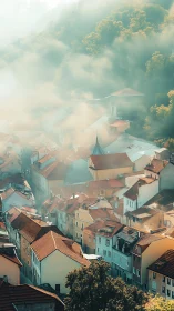 Morning fog drifts over a pastel hillside townscape.