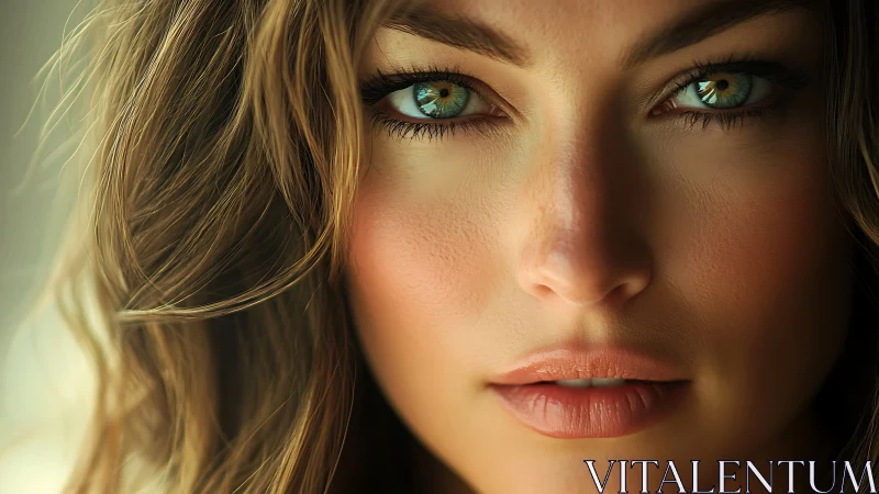 Hyper-detailed female portrait emphasizes iris microstructure and skin