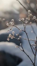 Frost covered winter twigs against soft snowy background.