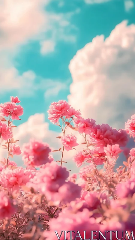 Pink Carnation Field Against Azure Sky With Volumetric Cloud Formation