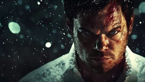 Rain soaked male portrait shows intense gaze and directional bokeh lighting