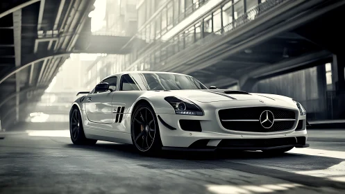White performance coupe under urban overpass in soft bokeh light.