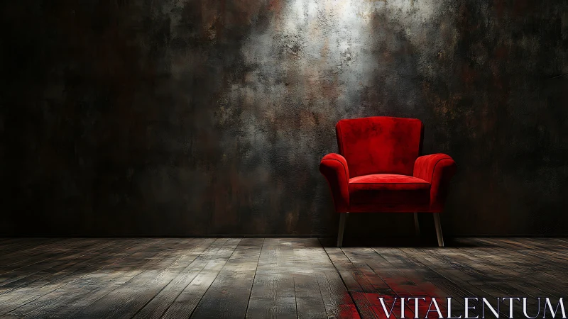 Red velvet armchair isolates against dark industrial wall