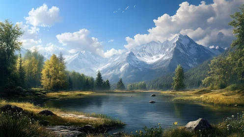 Snow-capped mountains rise above a tranquil forest lake.