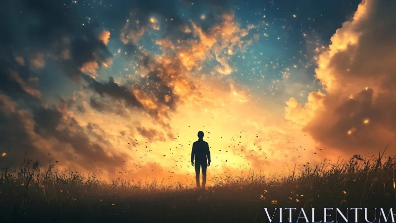 Silhouetted figure under illuminated evening sky field scene.