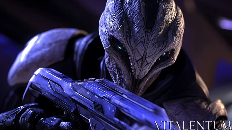 Alien armored soldier aiming rifle in blue lighting.