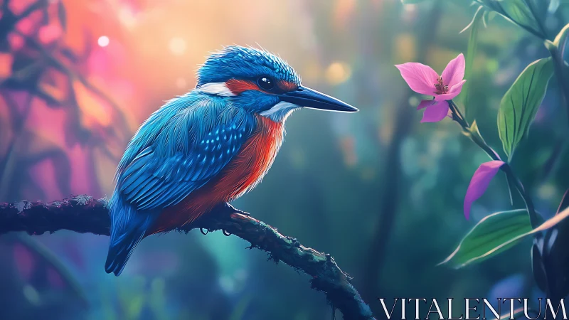 Vibrant blue kingfisher on branch in dreamy, colorful forest scene.
