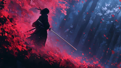 Lone swordsman amid crimson leaves in misty twilight forest.