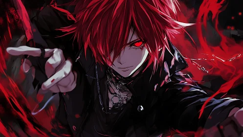 Crimson-eyed anime caster channeling volatile red energy.