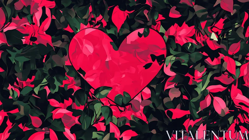 Red heart shape centered within dense red floral composition against dark foliage
