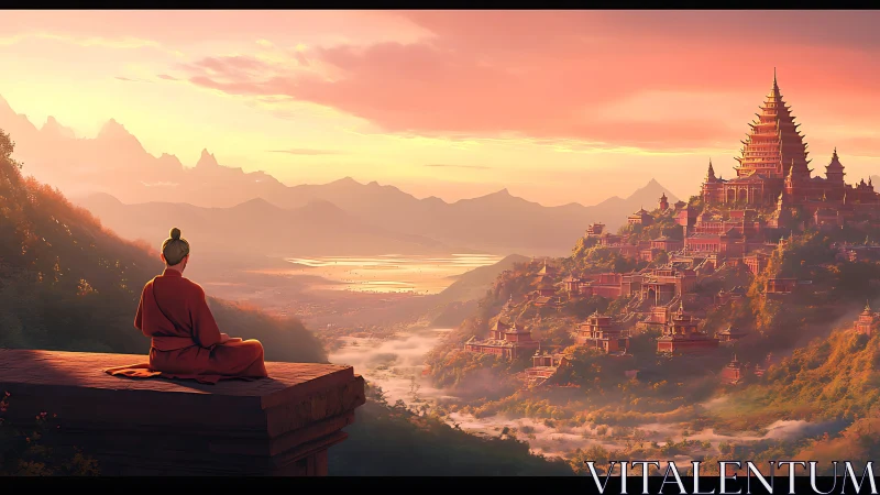 Sunrise monk quiets the mountains while a citadel awakens