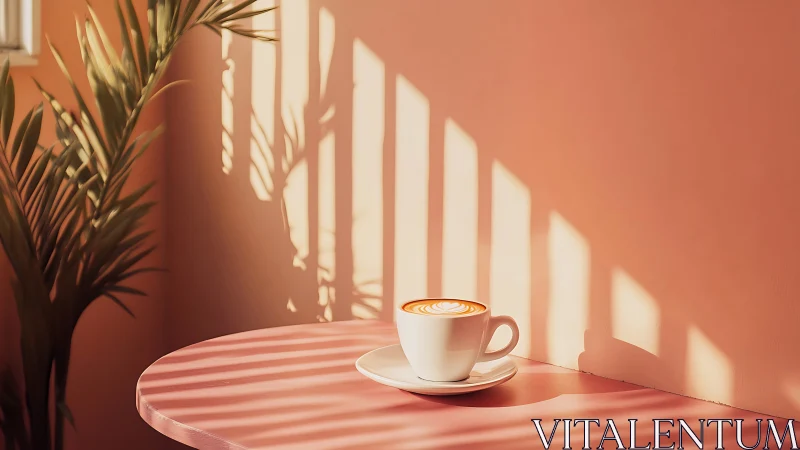 Latte in warm sunlight on pink cafe table interior.