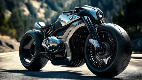 Futuristic BMW concept motorcycle with wide tires and exposed engine