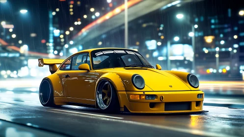 Yellow turbo sports car glows against rainy night cityscape.