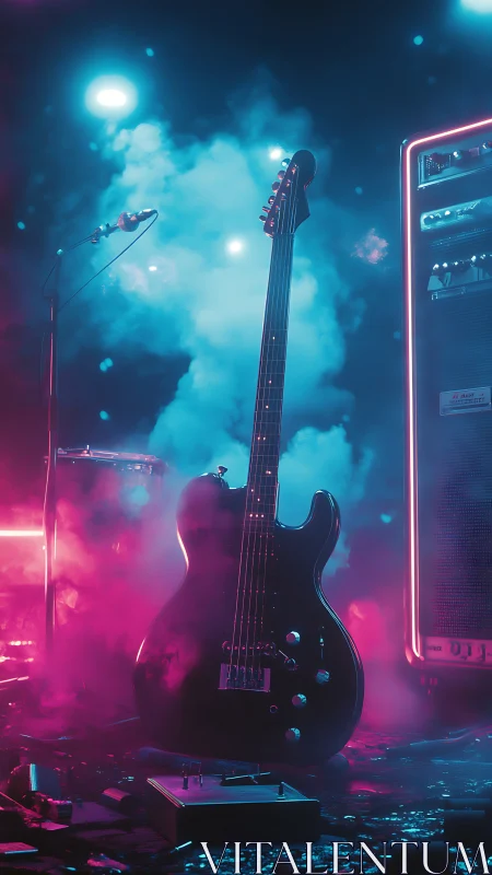 Electric guitar stands on neon lit stage with fog effects
