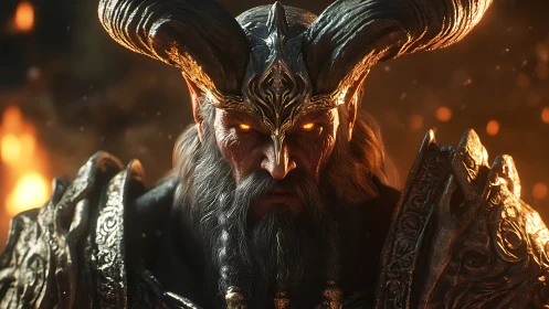Horned demon warlord glares through molten inferno light