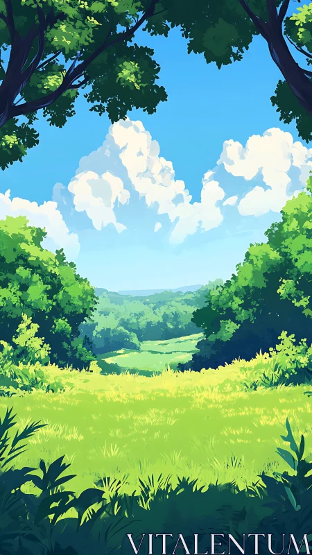 Sunny green meadow framed by trees under summer sky.